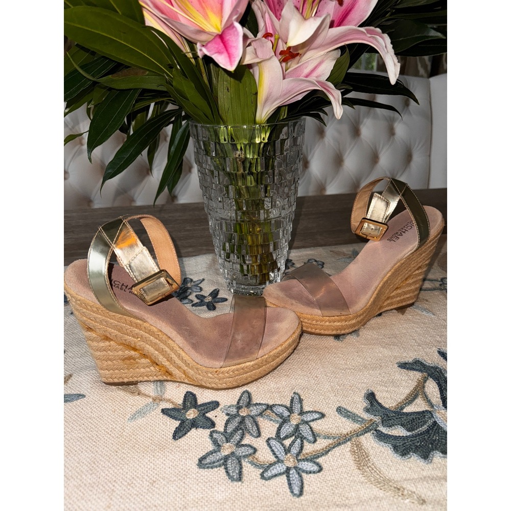 MICHAEL Michael Kors Metallic Gold and Tan Espadrille Wedges